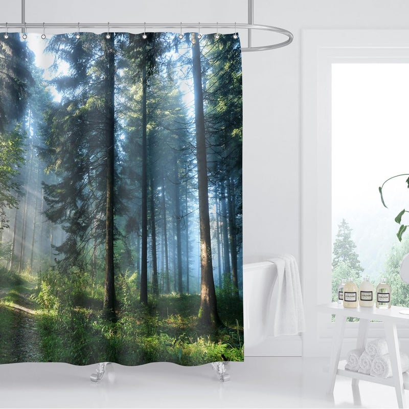 ZXMBF Trees Forest Sunlight Shower Curtain Straight Tall Trees Sunshine Attractive Nature Landscape Waterproof Fabric Bathroom Decor 72x72 Inch Green Plastic Hooks 12 PCS - Image 2